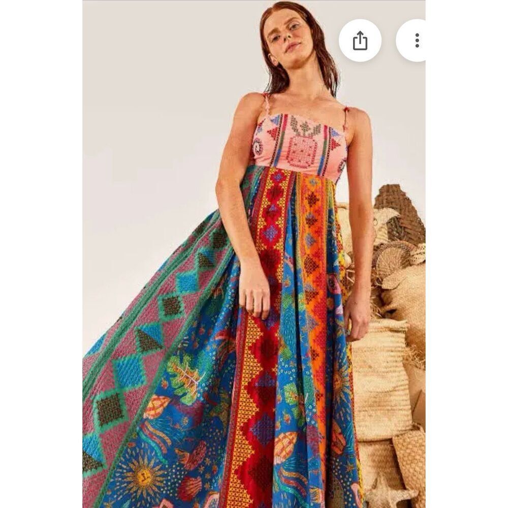 NWOT Farm Rio Embroidered Maxi Dress with Beaded Shoulder Straps